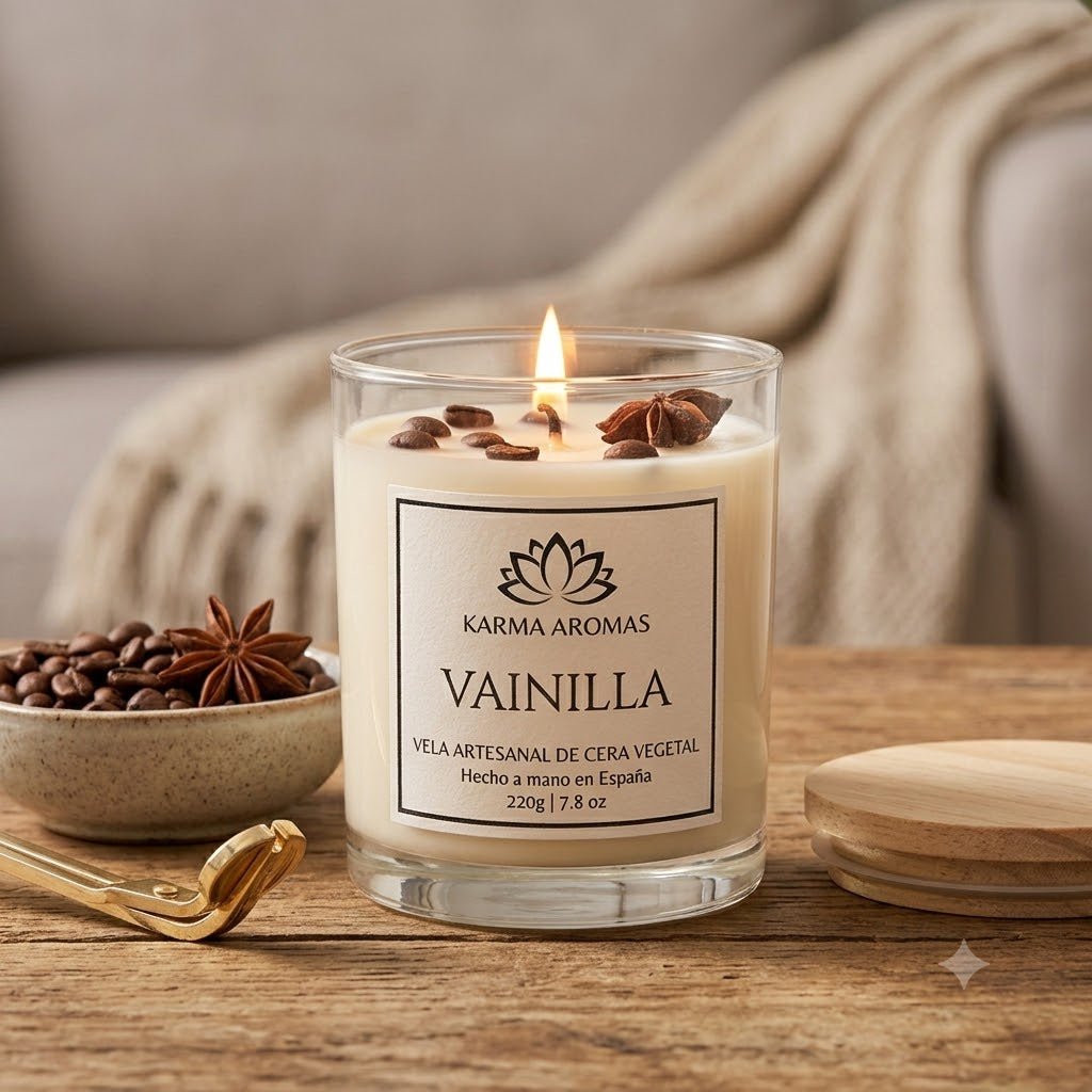 Vela de Cera de soja Artesanal Vainilla Karma Aromas - Hecha a Mano en España