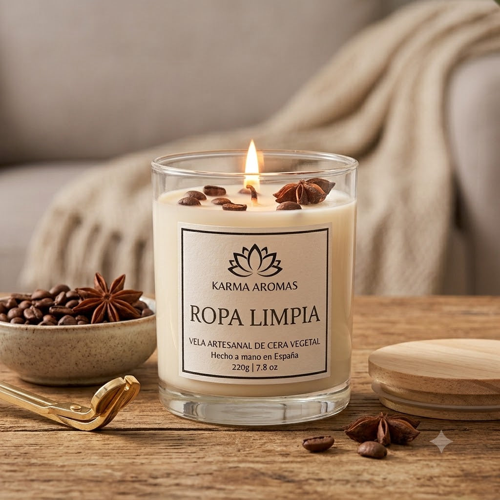 Vela de Cera de soja Artesanal Ropa Limpia Karma Aromas - Hecha a Mano en España